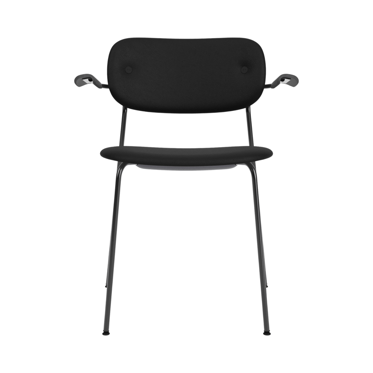 Front view of the Co Dining Chair with arms, fully upholstered in black Sierra leather with a slender black steel frame.