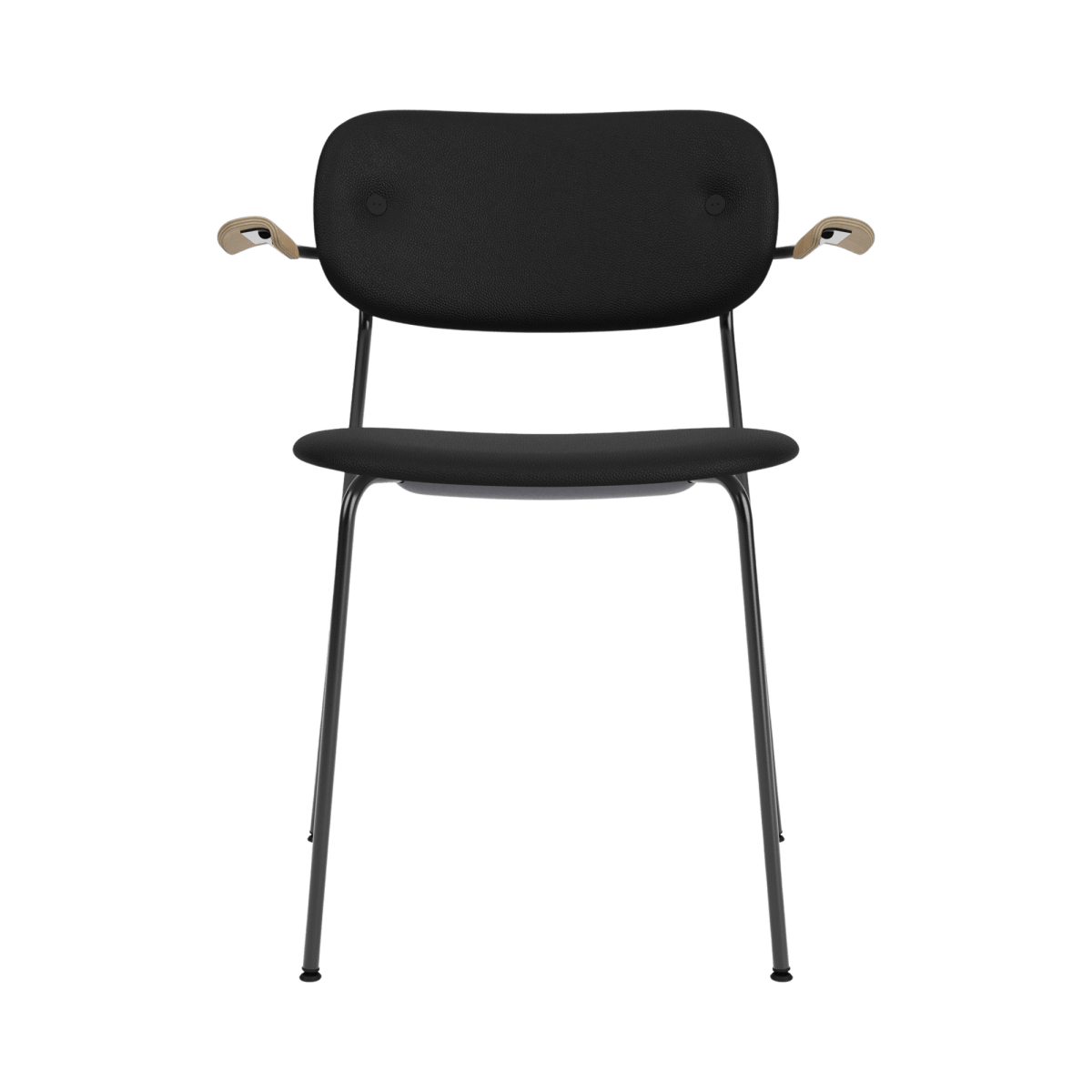 Front view of the Co Dining Chair with arms, featuring black Sierra leather upholstery and natural oak armrests.