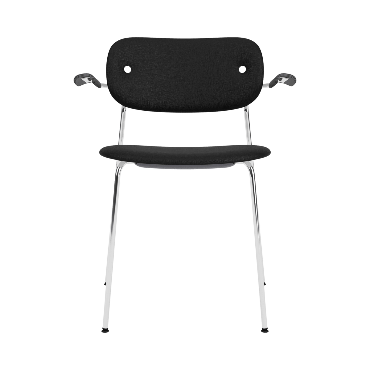 Front view of the Co Dining Chair with arms, featuring black Sierra leather upholstery and a polished chrome frame.