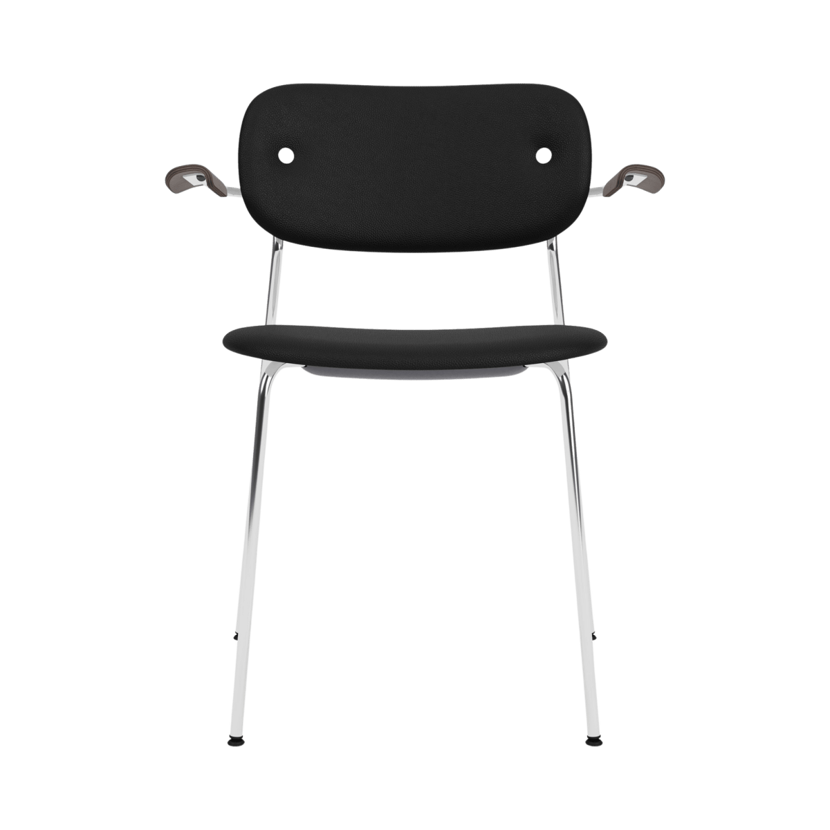 Co Dining Chair with arms, fully upholstered in black Sierra leather with dark stained oak armrests and a chrome frame.