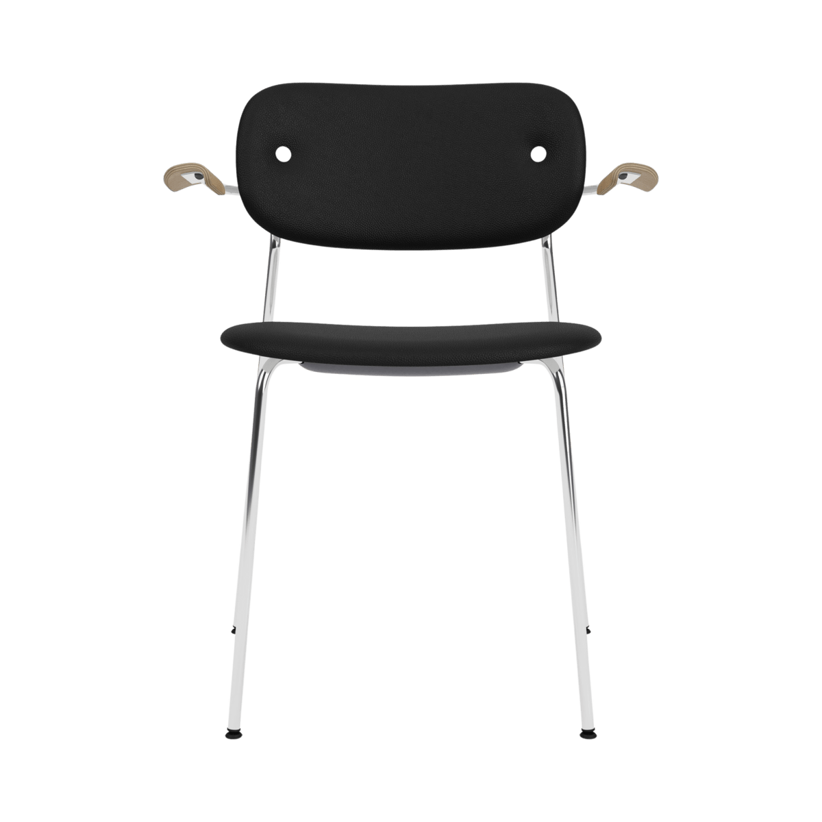 Co Dining Chair with arms, featuring black Sierra 1001 leather upholstery, natural oak armrests, and a chrome frame.