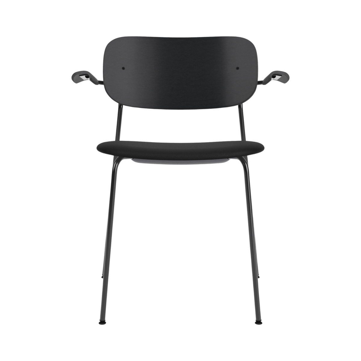Black Co Dining Chair With Arms, Partially Upholstered, seen from the front with a black-painted oak back and steel frame.