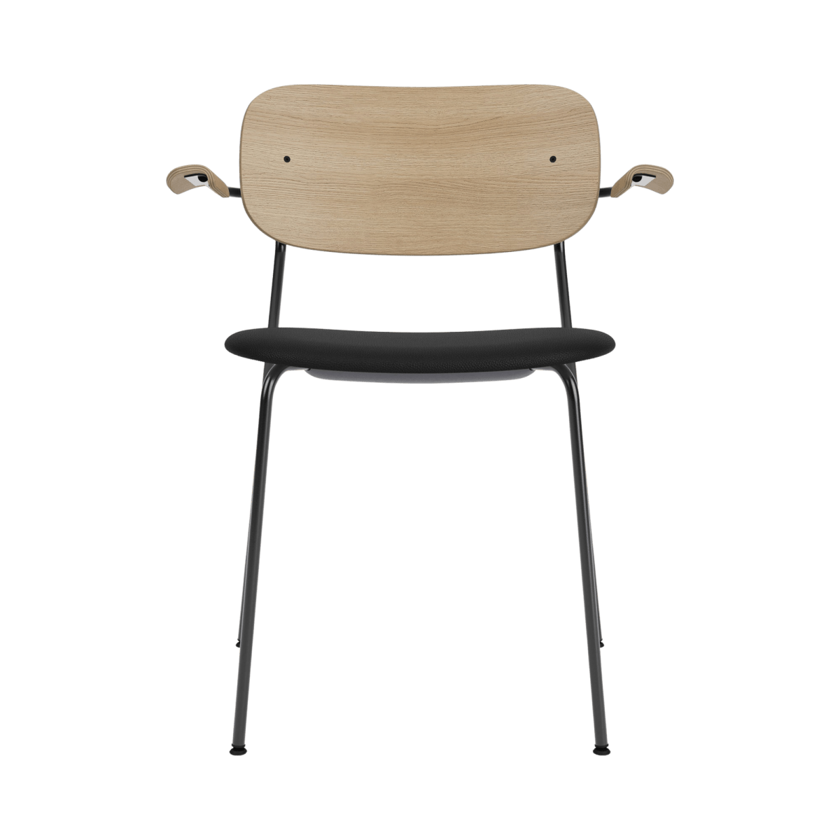 Co Dining Chair with arms featuring a black upholstered seat, natural oak backrest, and black steel frame.