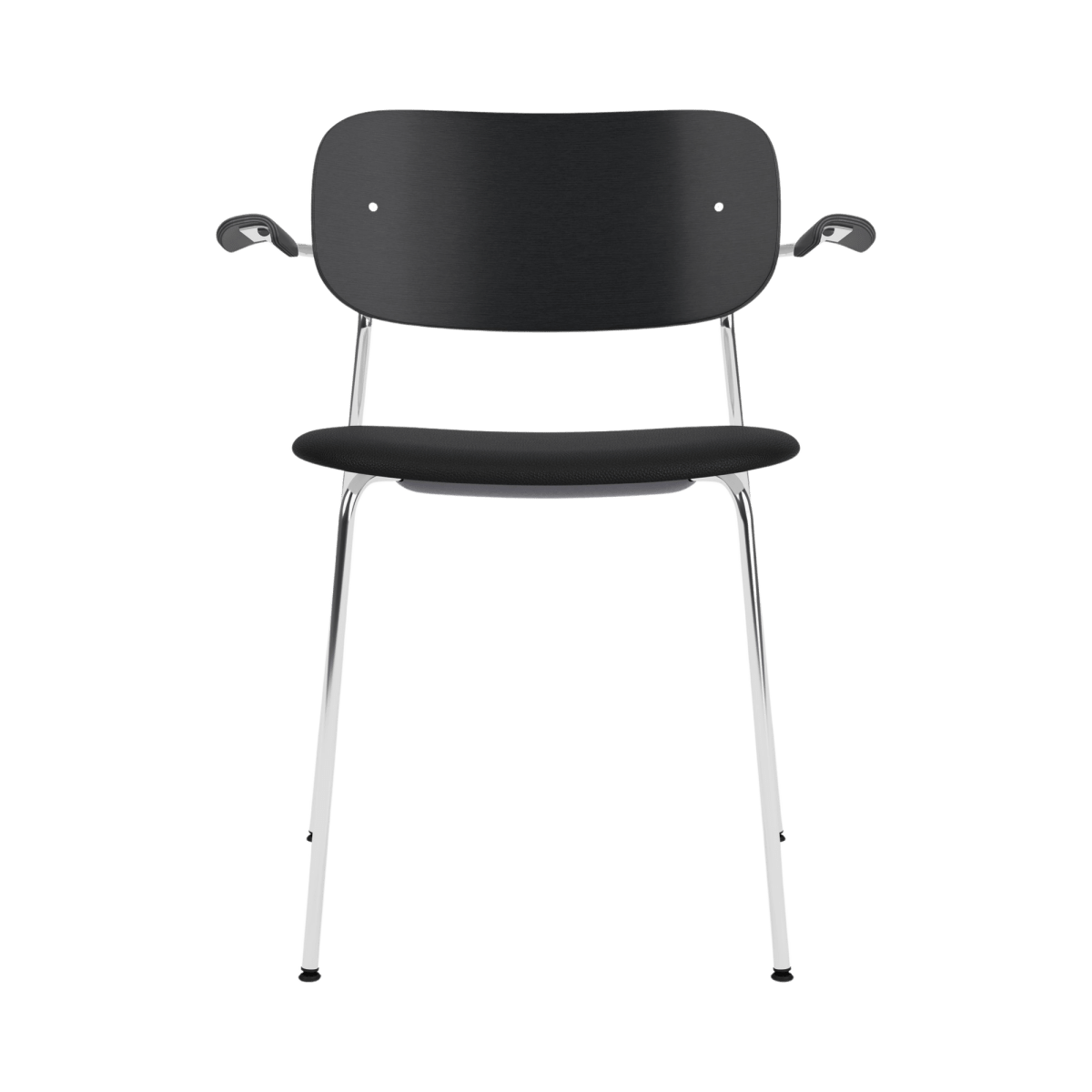 Front view of the Co Dining Chair with arms, featuring a black painted oak back, chrome frame and black upholstered seat.