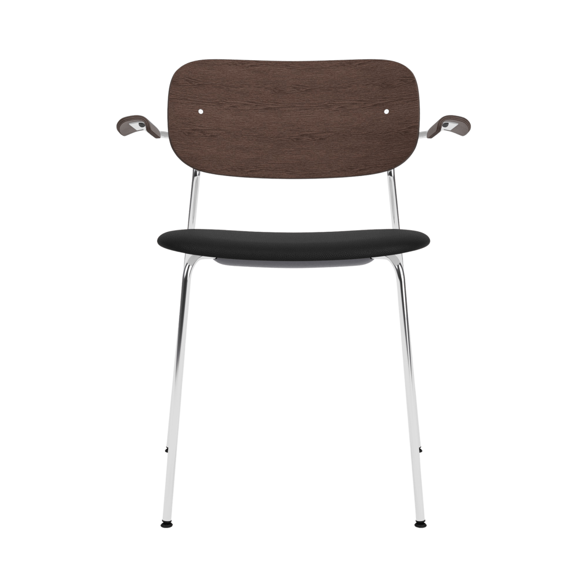 Co Dining Chair with arms, featuring a dark stained oak back and black Sierra upholstered seat on a chrome frame.
