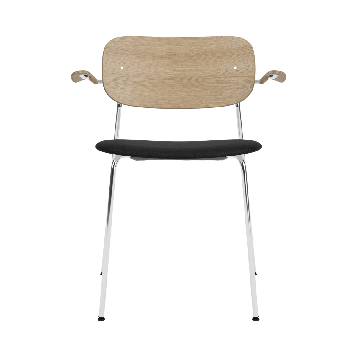 Co Dining Chair with Arms featuring a natural oak back and armrests, black Sierra leather seat, and polished chrome frame.