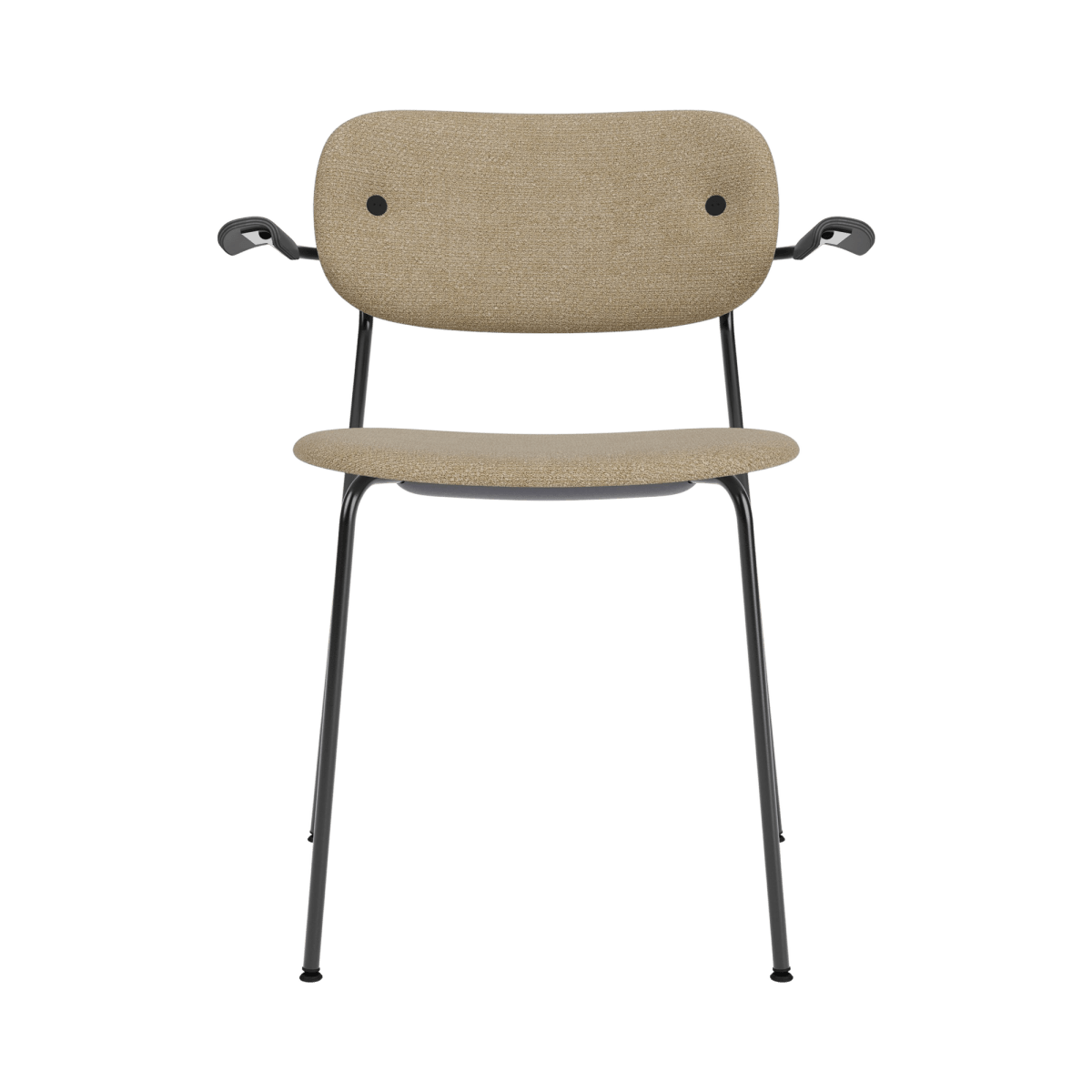 Co Dining Chair with Arms, upholstered in beige bouclé fabric with black painted oak armrests and a black steel frame.