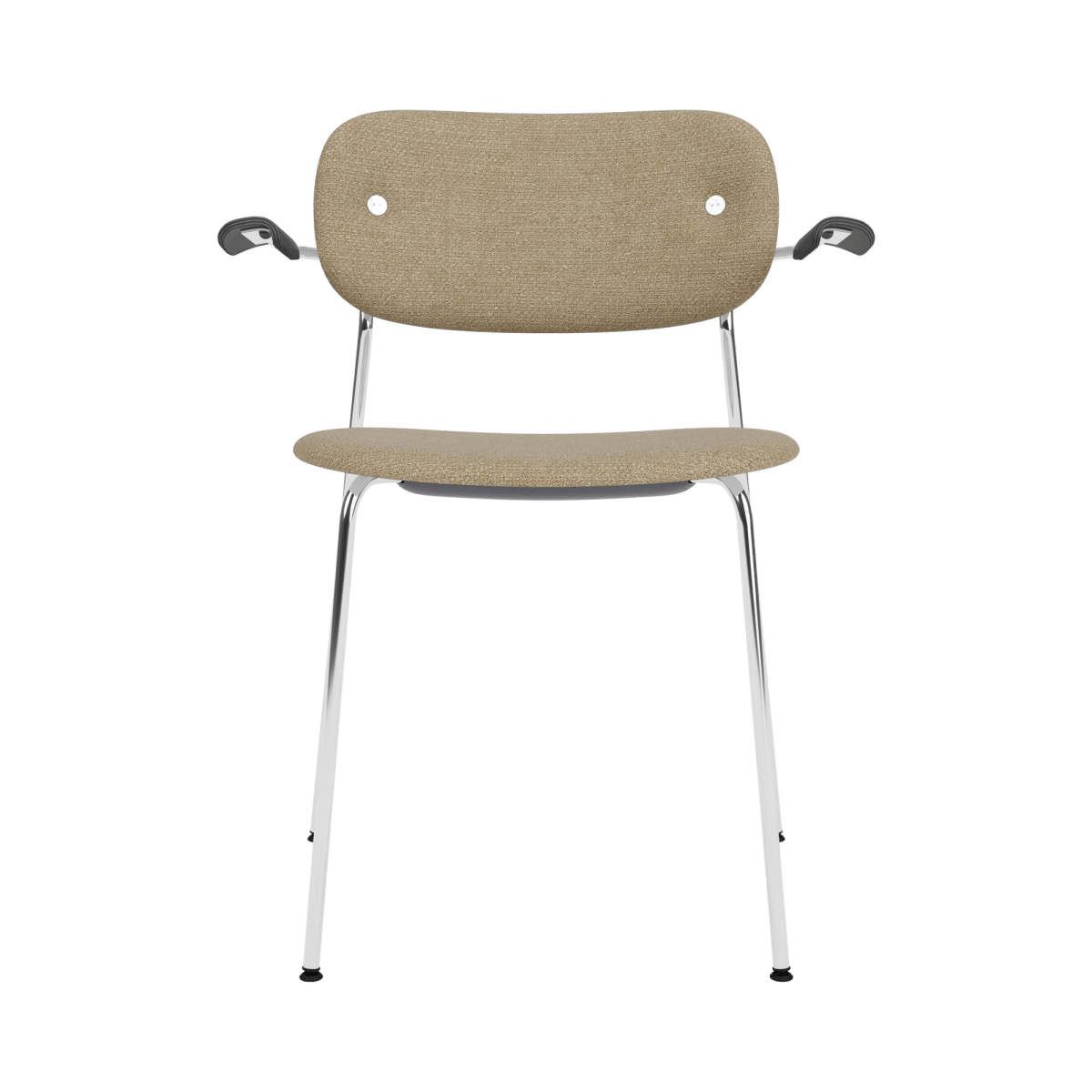 Front view of the Co Dining Chair with Arms in beige bouclé upholstery, with black oak armrests and a chrome frame.