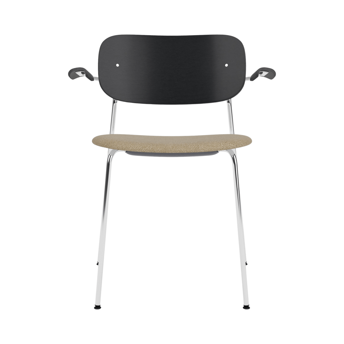 Co Dining Chair with Arms featuring a black oak backrest, chrome frame, and beige bouclé upholstered seat.