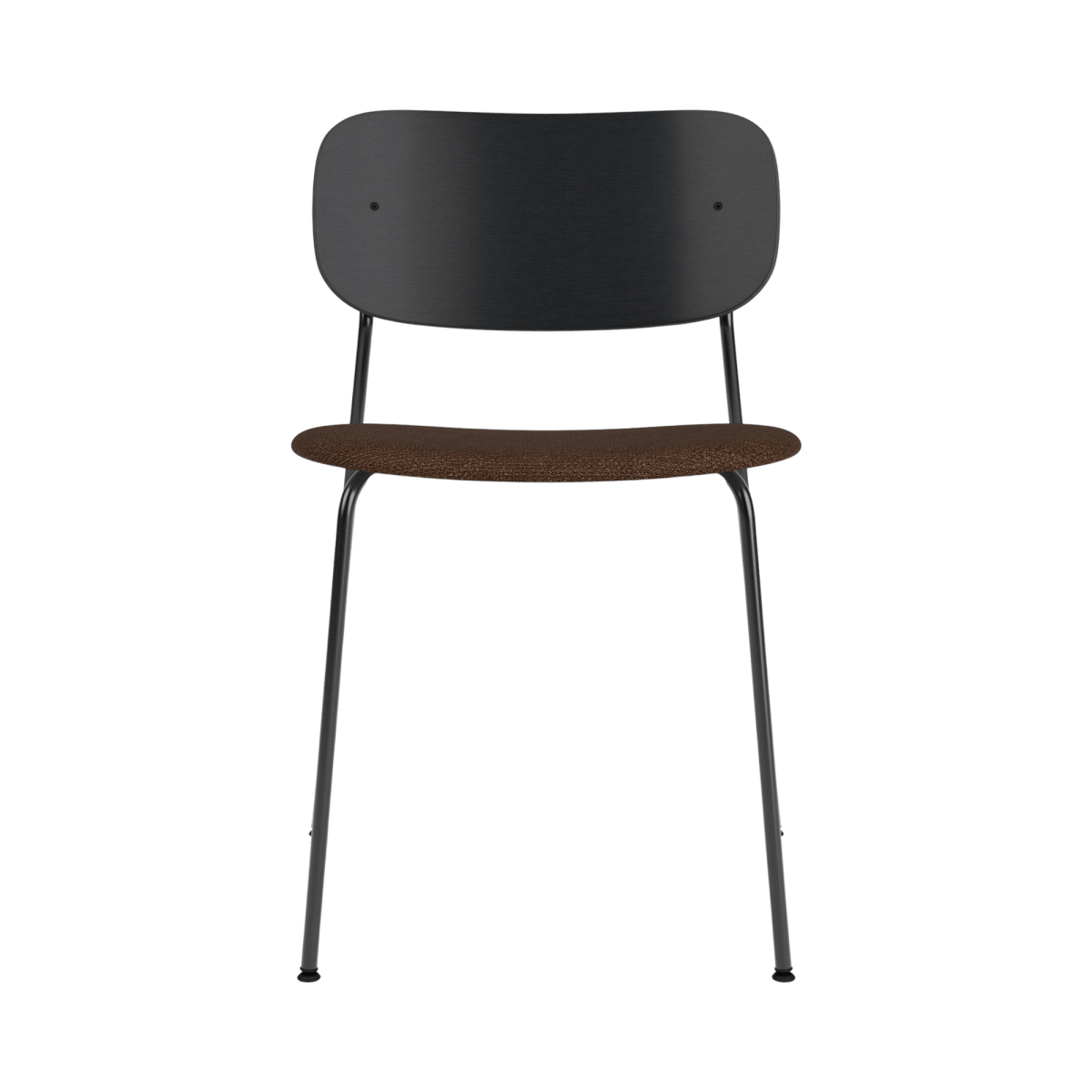 Co Dining Chair featuring a black painted oak backrest and brown bouclé upholstered seat on a slender black steel frame.