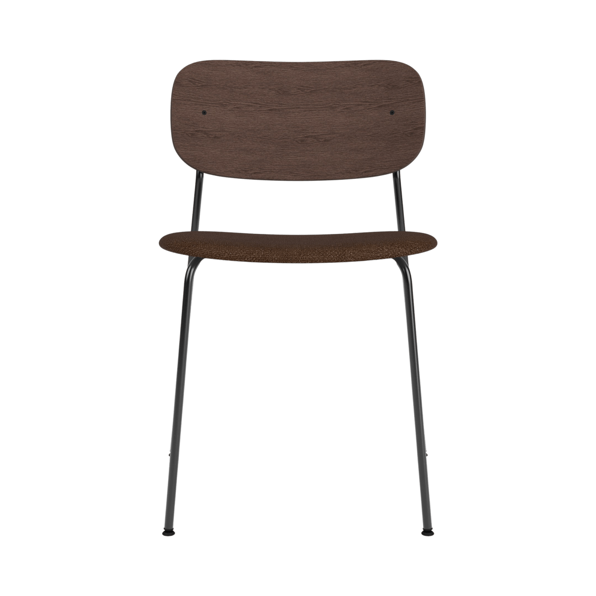 Front view of the Co Dining Chair with a dark-stained oak backrest, black bouclé seat, and a slender black steel frame.