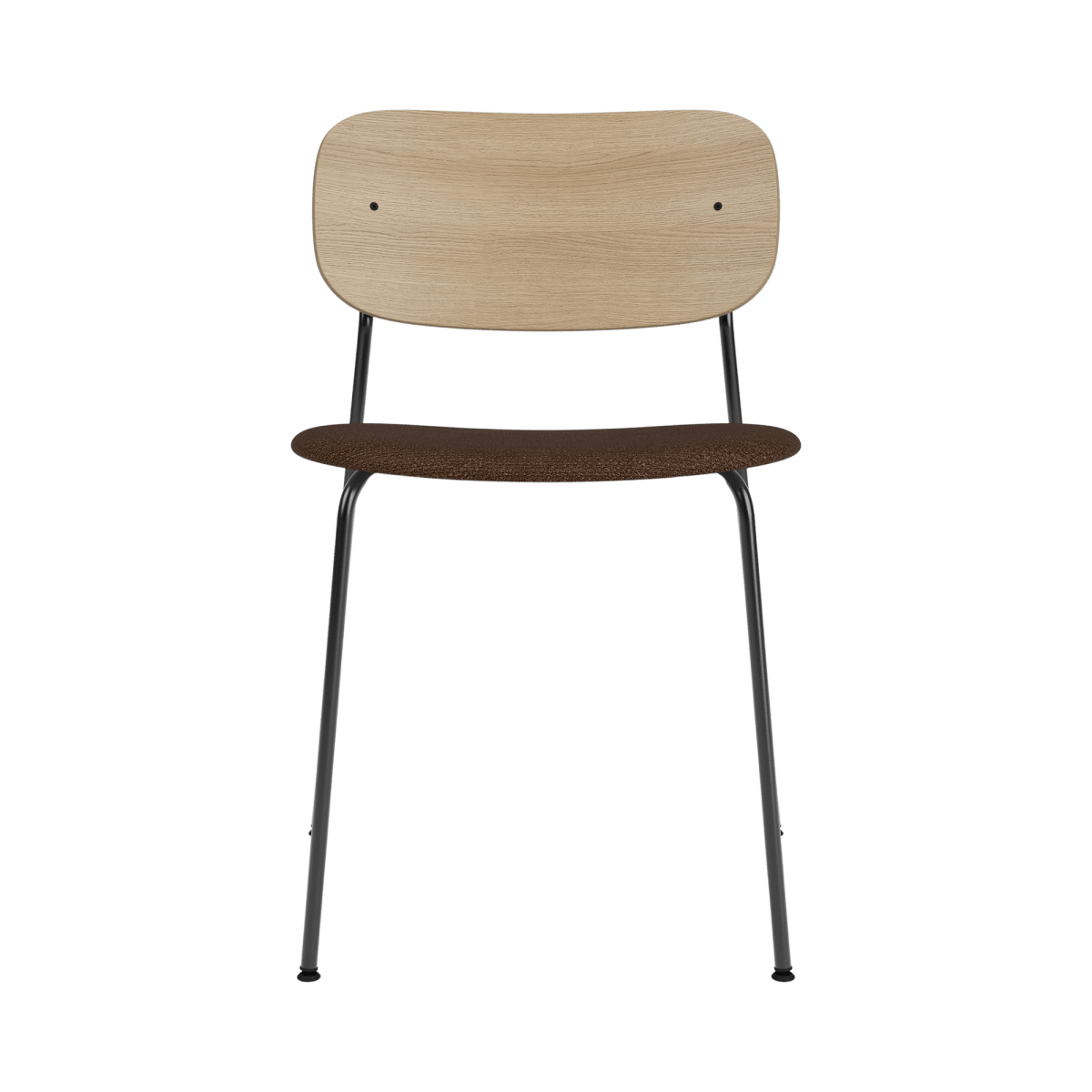 Co Dining Chair without arms, featuring a natural oak veneer back and black bouclé seat on a black powder-coated frame.
