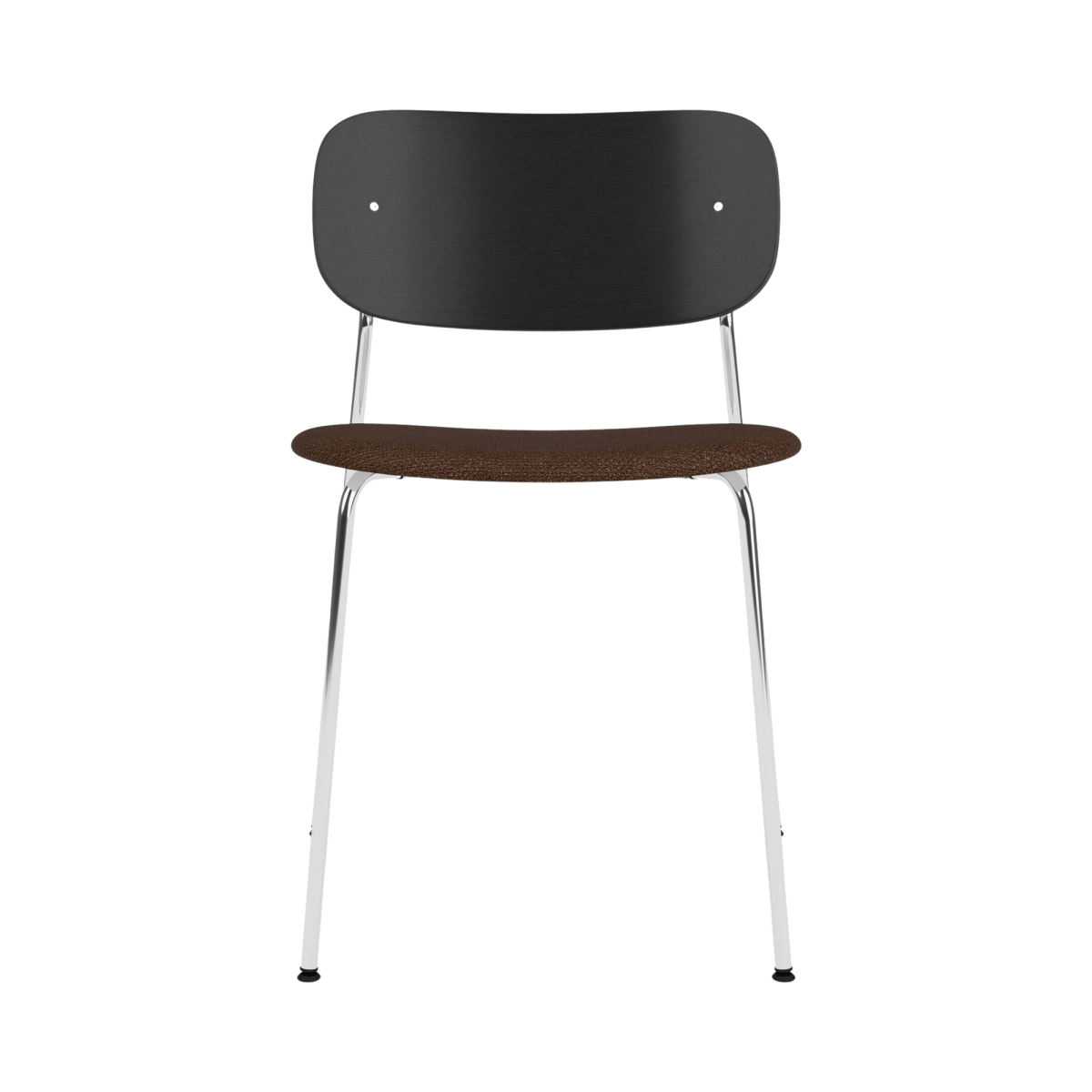 Front view of the Co Dining Chair with a chrome frame, black oak back, and brown Bouclé 07 upholstered seat.