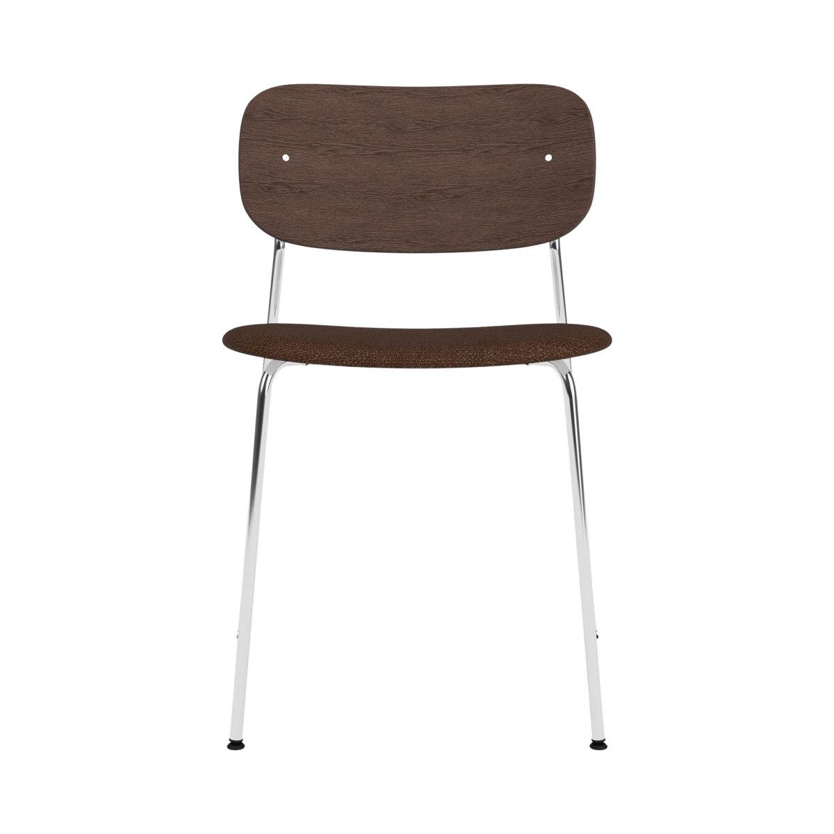 Co Dining Chair featuring a chrome frame, dark stained oak backrest, and black bouclé upholstered seat, front view.