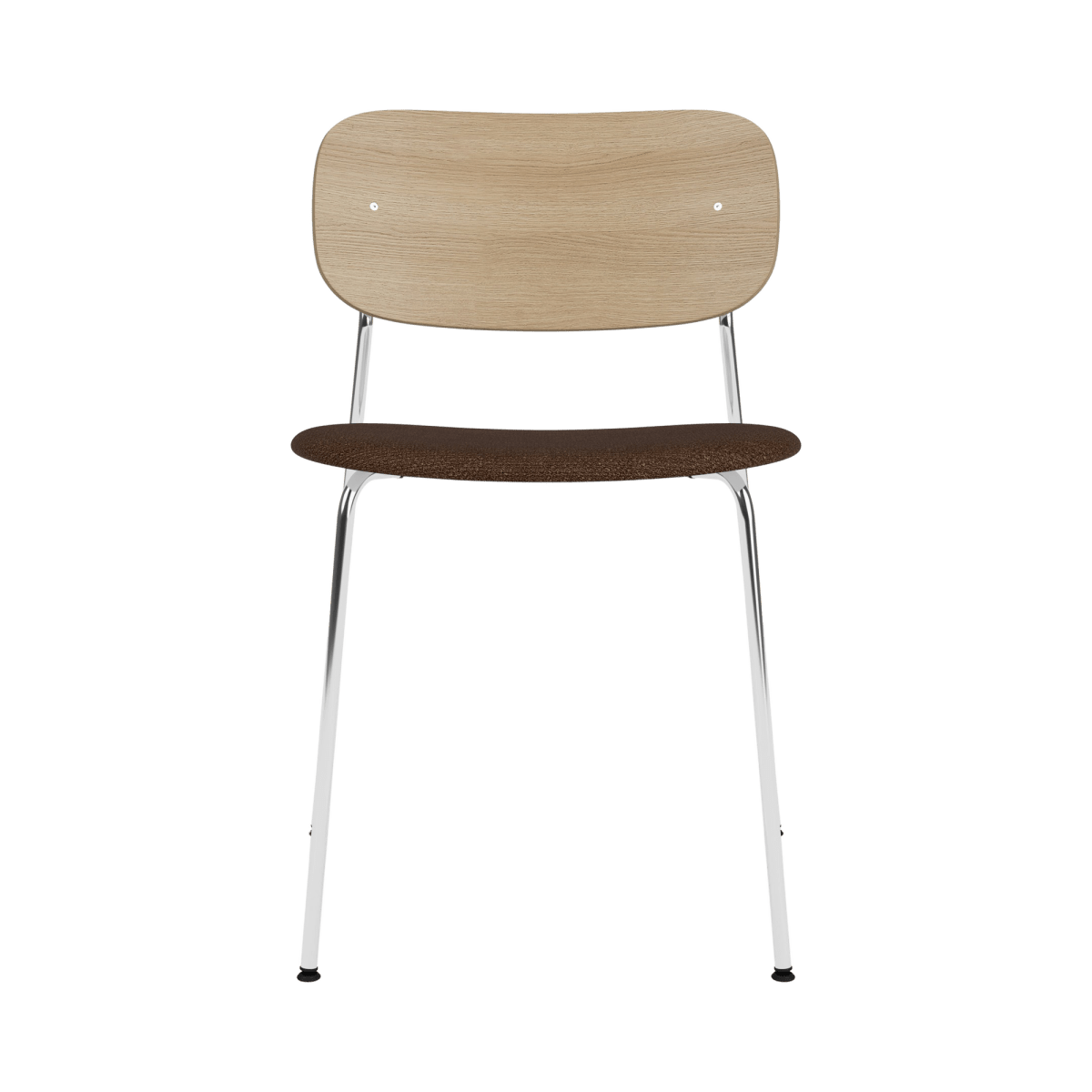 Co Dining Chair, Without Arms, with a chrome frame, natural oak backrest, and black bouclé 07 upholstered seat.