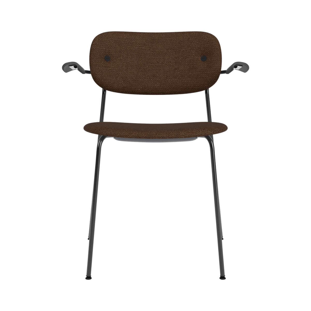 Co Dining Chair with arms, featuring brown bouclé upholstery and a black steel frame, shown from the front.