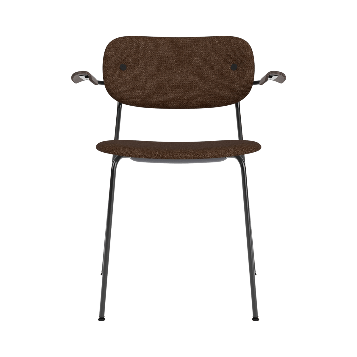 Fully upholstered Co Dining Chair with arms in black bouclé 07, featuring dark stained oak armrests and a black frame.