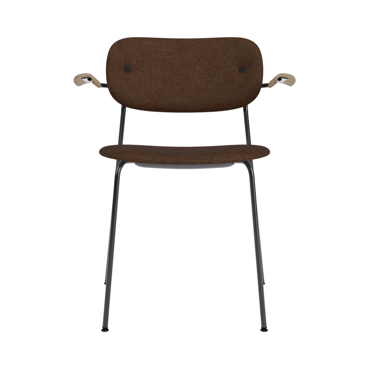 Co Dining Chair with Arms in dark Audo Bouclé 07 with natural oak armrests and a black powder-coated steel frame.