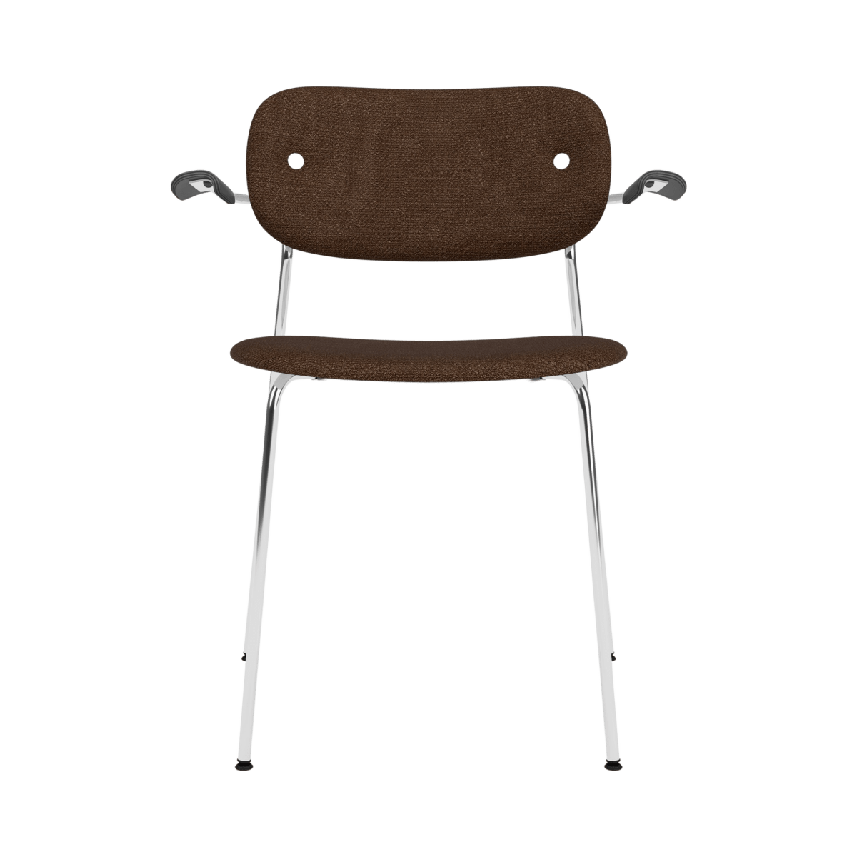 Co Dining Chair with Arms, fully upholstered in brown Bouclé 07 with a slender chrome frame and black armrests.