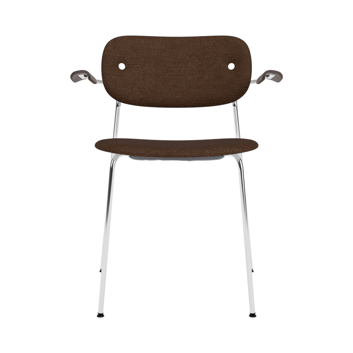 Co Dining Chair with Arms, fully upholstered in dark Audo Bouclé 07 with a chrome frame and dark-stained oak armrests.