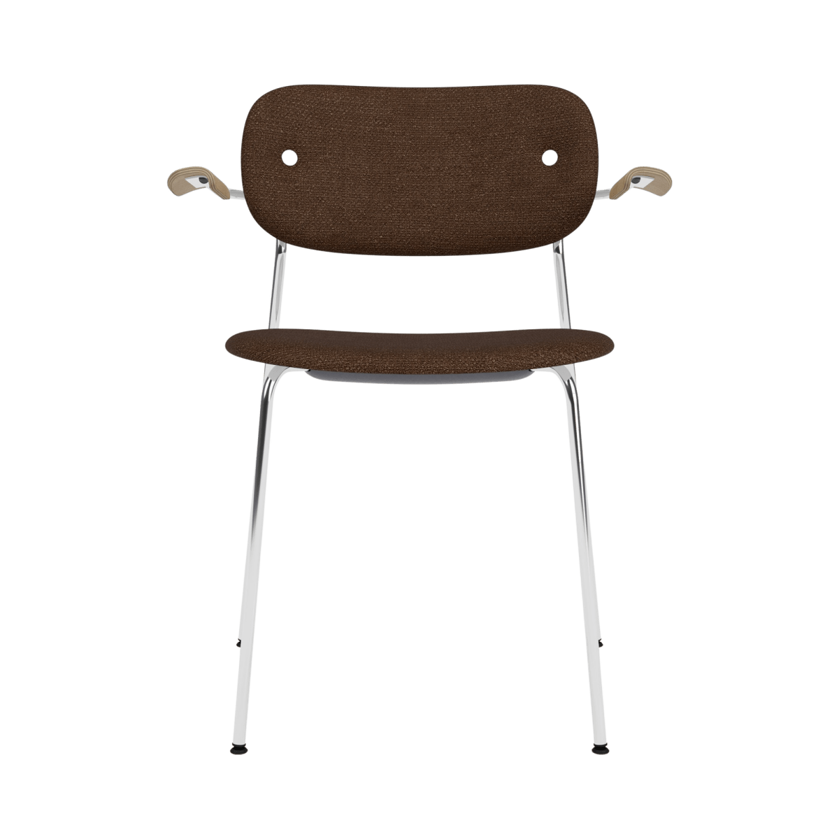 Front view of the Co Dining Chair with arms, featuring black boucle upholstery, a chrome frame, and natural oak arms.
