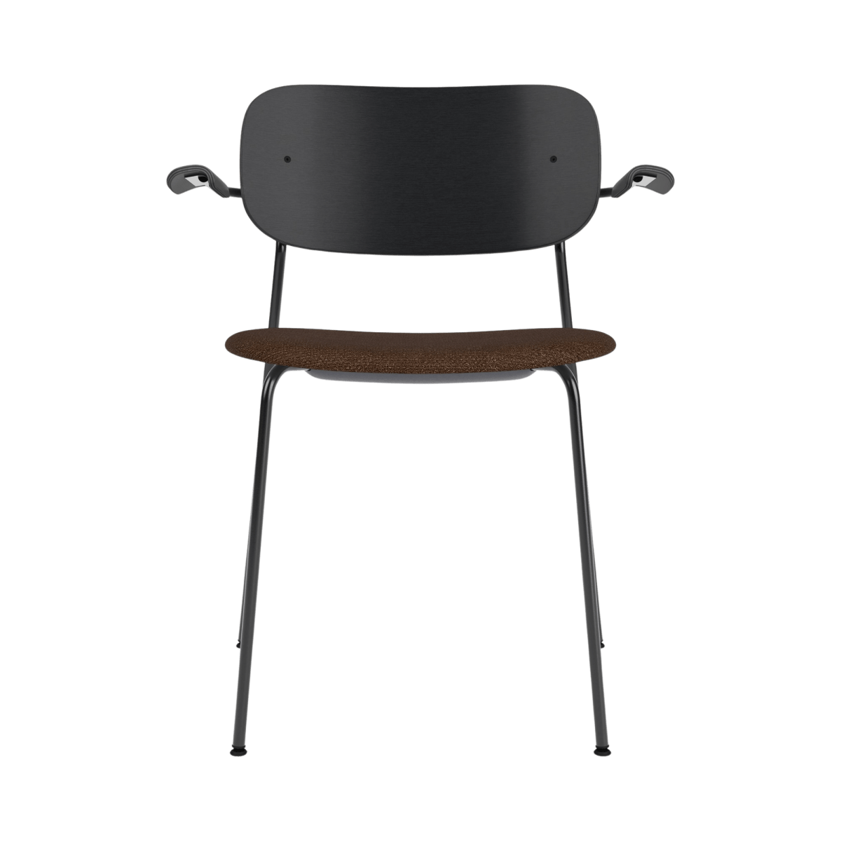 Co Dining Chair with Arms featuring a black oak back, brown Bouclé 07 upholstered seat, and a sleek black steel frame.