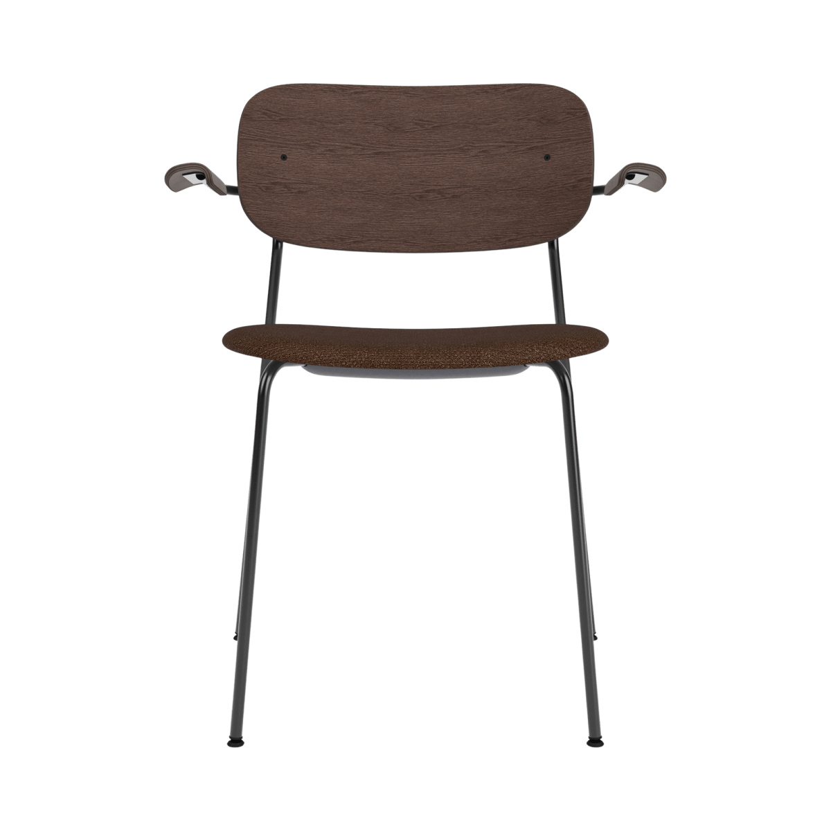 Co Dining Chair with Arms featuring a dark stained oak backrest and black bouclé seat on a slender black steel frame.