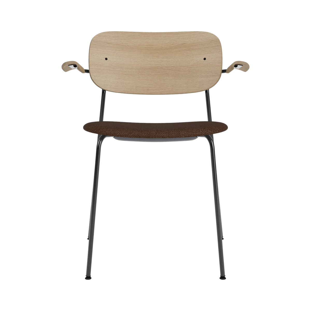 Co Dining Chair with Arms, featuring a black boucle upholstered seat, natural oak back, and a black steel frame.