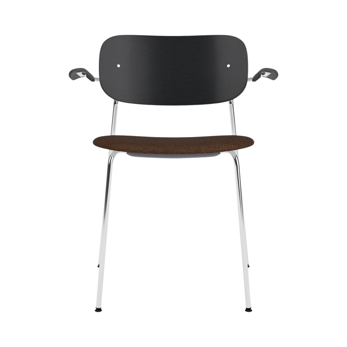 Co Dining Chair with arms, featuring a black painted oak back, brown bouclé upholstered seat, and polished chrome frame.