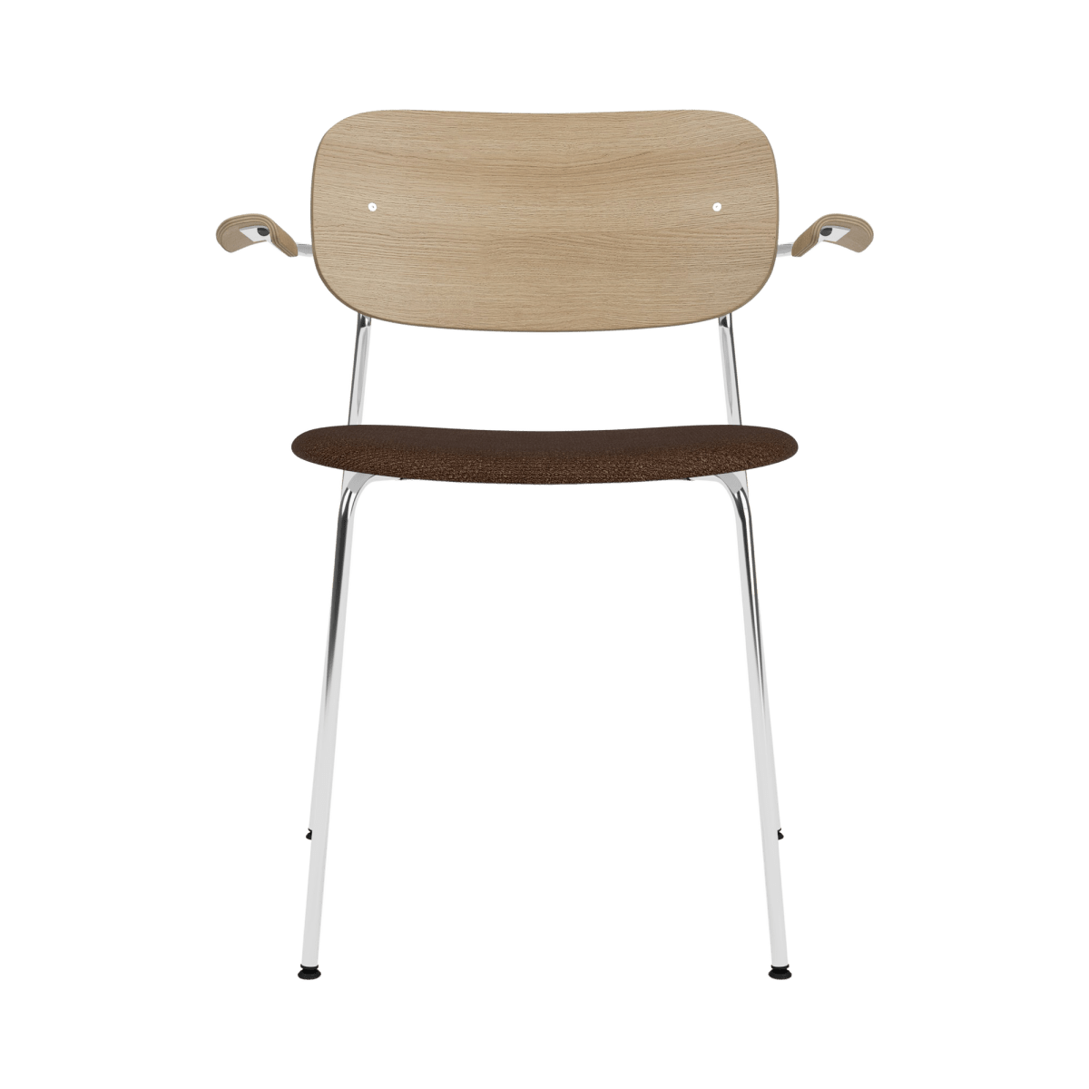 Co Dining Chair with Arms featuring a natural oak back and armrests, chrome frame, and black bouclé upholstered seat.