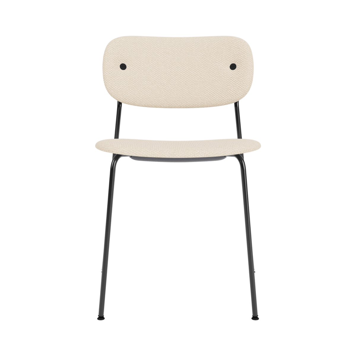Co Dining Chair, Without Arms, fully upholstered in light Logan Jasmin fabric with a minimalist black steel frame.