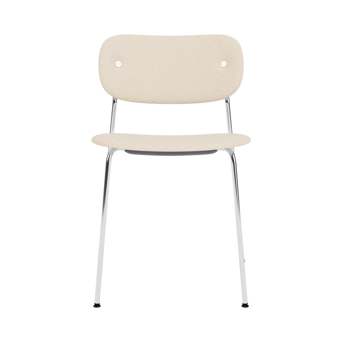 Co Dining Chair without arms, fully upholstered in cream Logan Jasmin fabric with a polished chrome frame, front view.