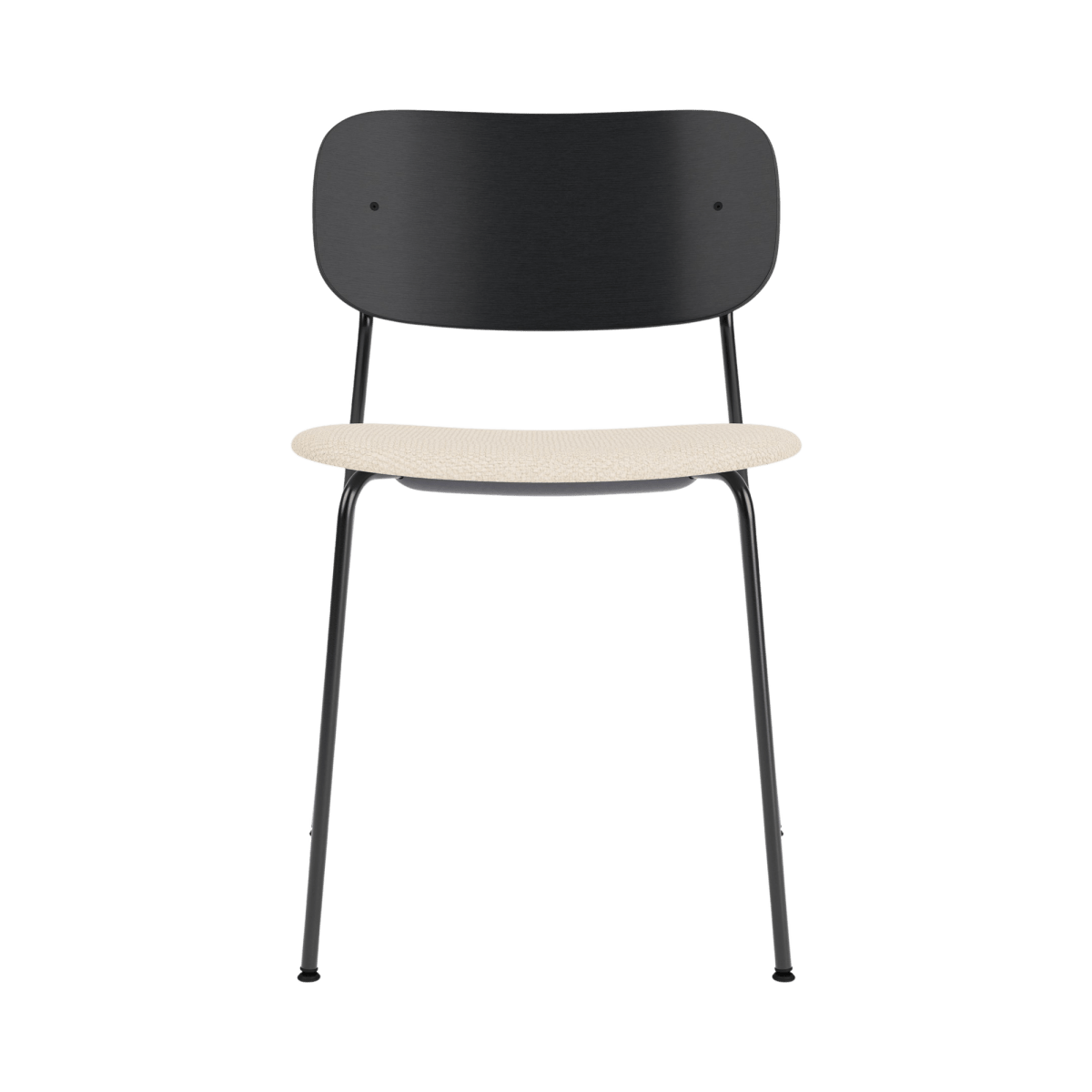 Front view of the Co Dining Chair featuring a black painted oak back and Logan Jasmin upholstery on a black steel frame.