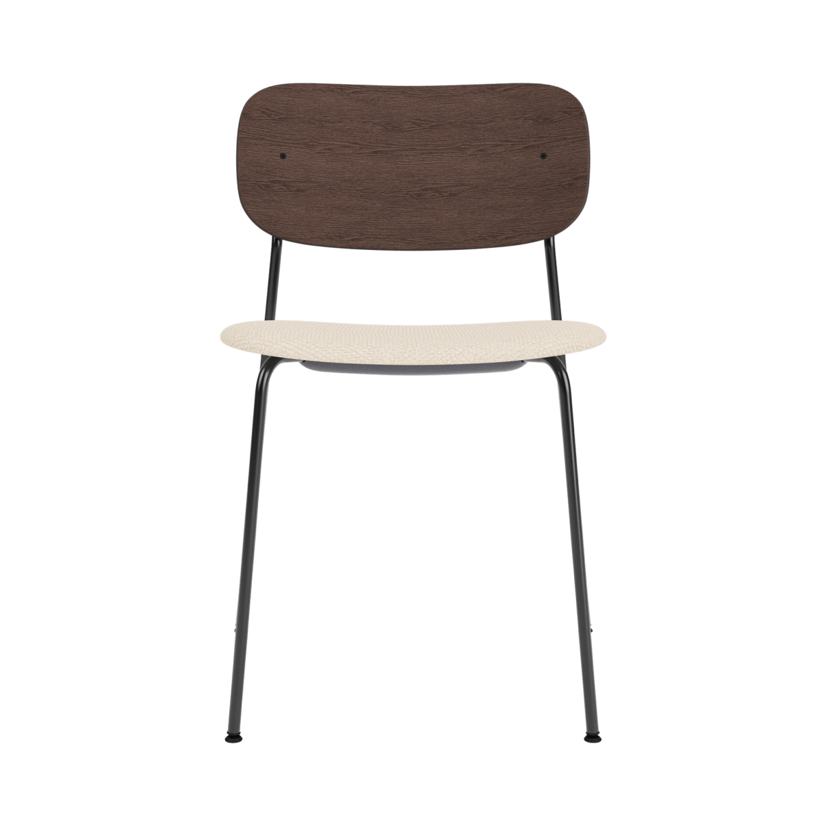 Co Dining Chair featuring a dark stained oak back and Logan Jasmine upholstered seat on a black powder-coated steel frame.