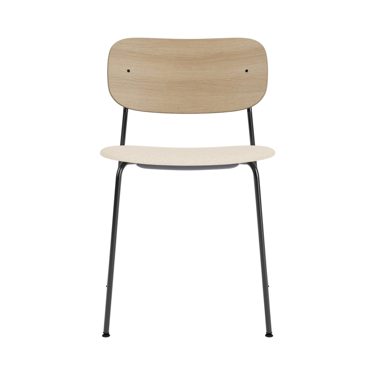 Front view of the Co Dining Chair with a natural oak backrest, cream Logan Jasmin upholstered seat and black steel frame.