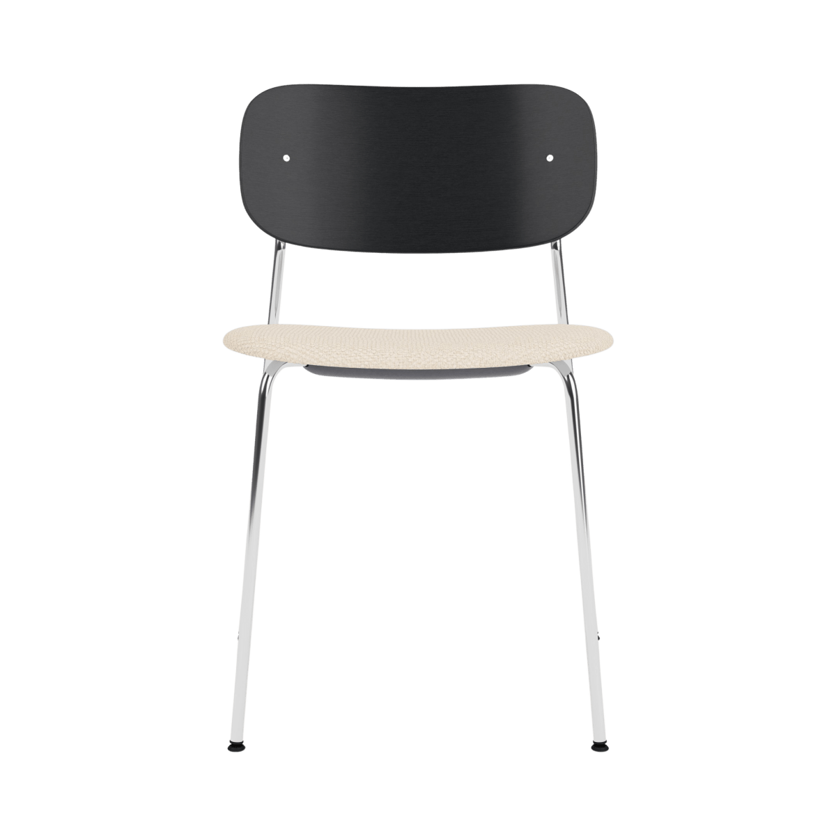 Front view of the Co Dining Chair with black oak back, Logan Jasmine upholstered seat, and a sleek chrome frame.