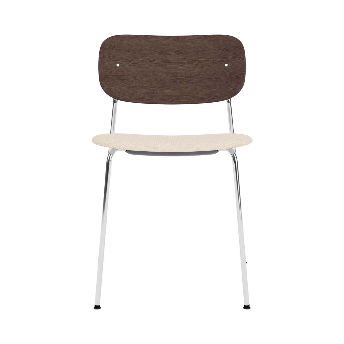 Co Dining Chair with a chrome frame, dark-stained oak back, and Logan Jasmine upholstered seat seen from the front.
