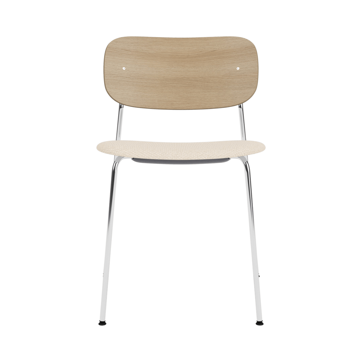 Front view of the Co Dining Chair featuring a chrome frame, natural oak backrest, and Logan Jasmine upholstered seat.