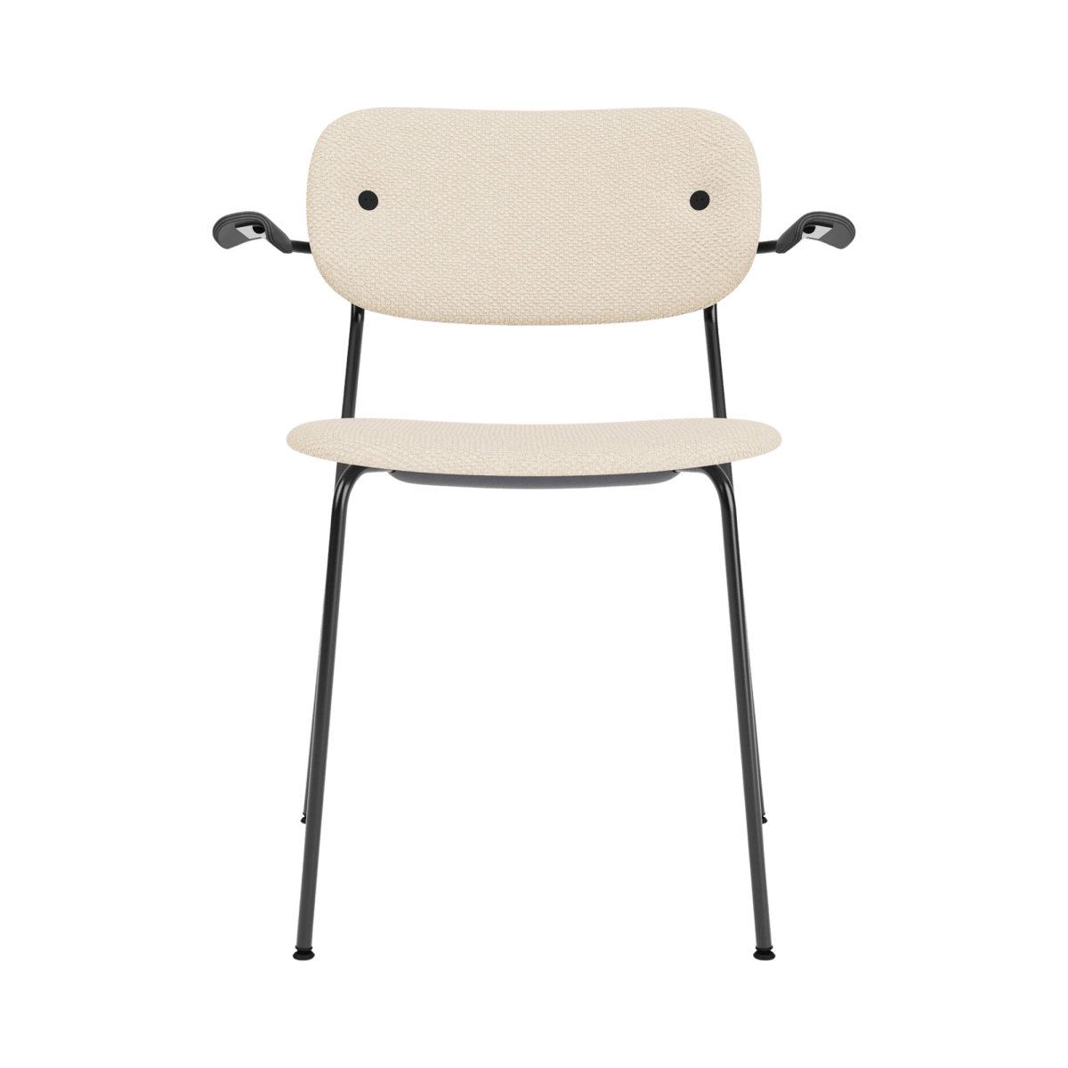 Front view of the Co Dining Chair with Arms, upholstered in Logan Jasmin fabric with black painted oak armrests.