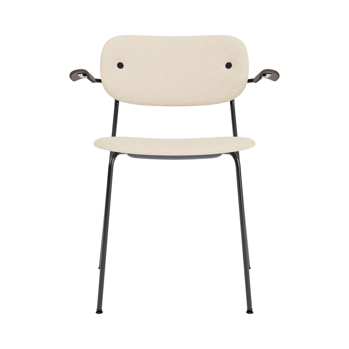 Co Dining Chair with Arms, fully upholstered in Logan Jasmine with dark-stained oak armrests and a black steel frame.