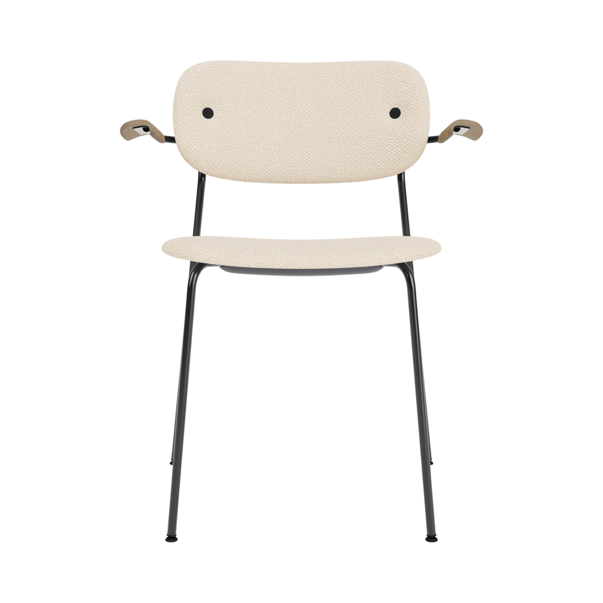 Co Dining Chair with arms in Logan Jasmine upholstery, featuring a sleek black steel frame and natural oak armrests.