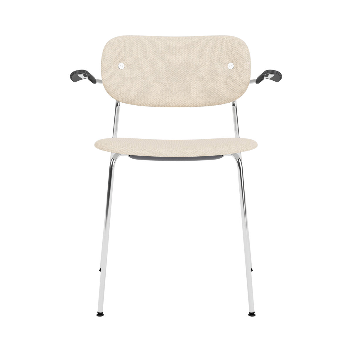 Front view of the Co Dining Chair with arms in Logan Jasmine upholstery, black oak armrests and a sleek chrome frame.