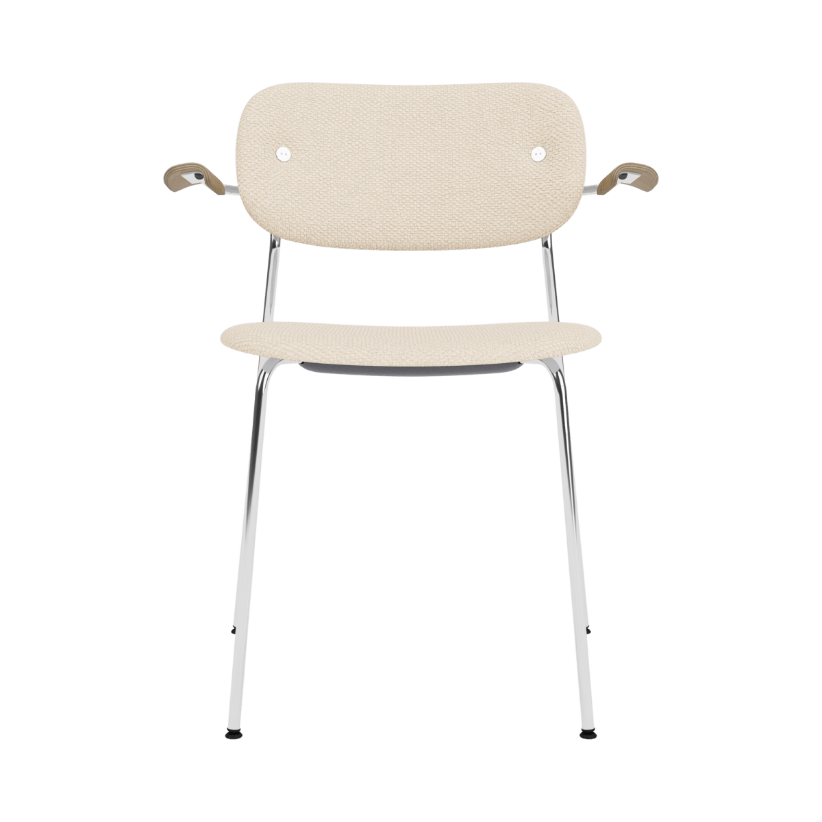 Front view of the Co Dining Chair with arms, featuring Logan Jasmine upholstery, a chrome frame and natural oak armrests.