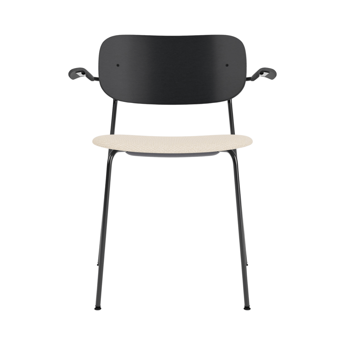 Front view of the Co Dining Chair with arms, featuring a black painted oak back and cream Logan Jasmin upholstered seat.