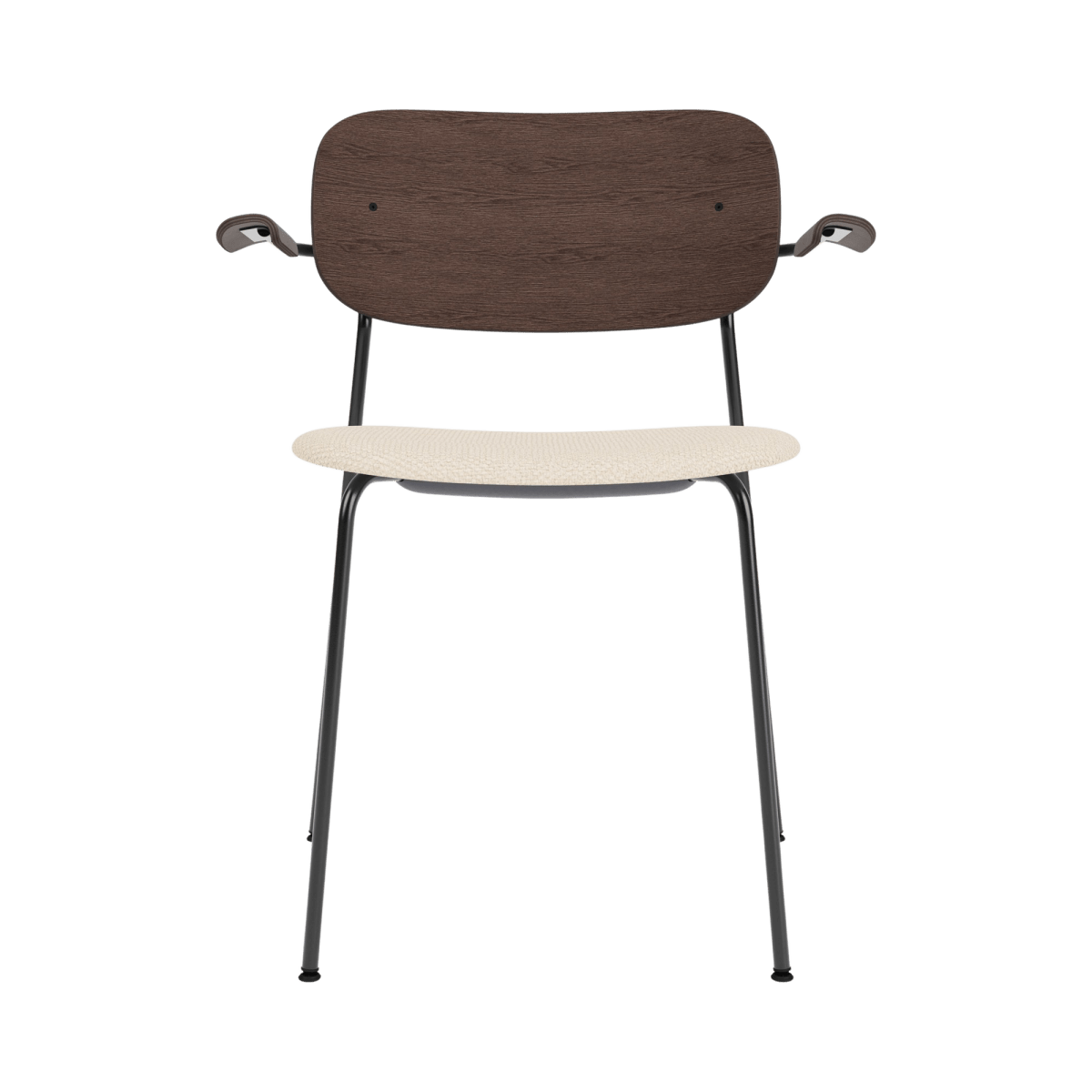 Co Dining Chair with Arms featuring a dark-stained oak back and Logan Jasmine upholstered seat on a black steel frame.