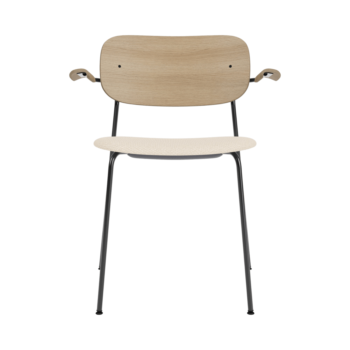 Front view of the Co Dining Chair with Arms, featuring a natural oak backrest and Logan Jasmine seat on a black frame.