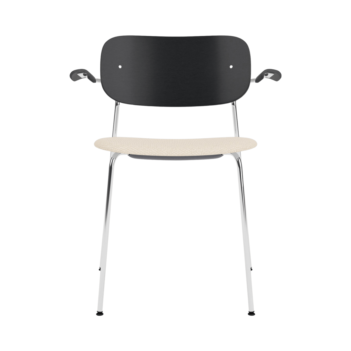 Front view of the Co Dining Chair with Arms, featuring a black painted oak back, Logan Jasmine upholstery and chrome frame.