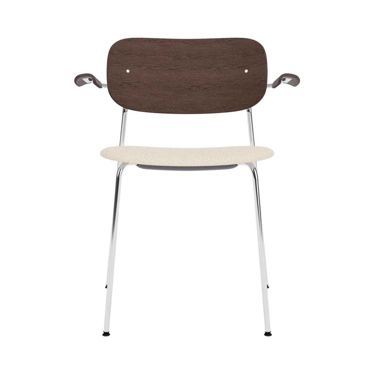 Front view of the Co Dining Chair with Arms in chrome and dark stained oak with a cream Logan Jasmine upholstered seat.
