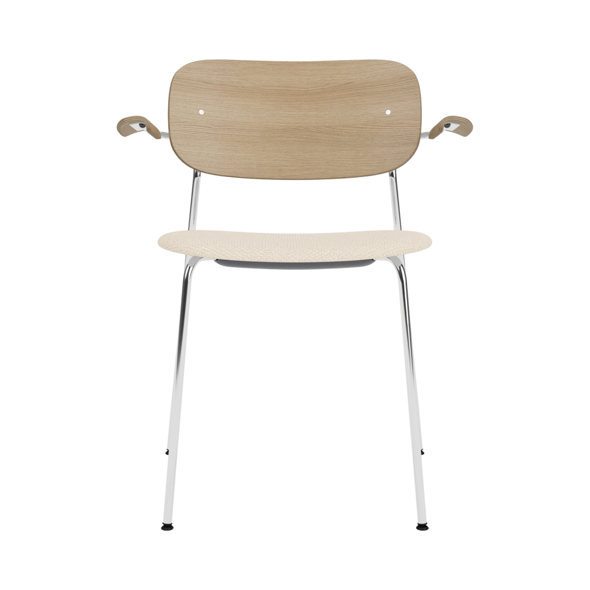 Co Dining Chair with arms featuring a chrome frame, natural oak back, and a light Logan Jasmine upholstered seat.