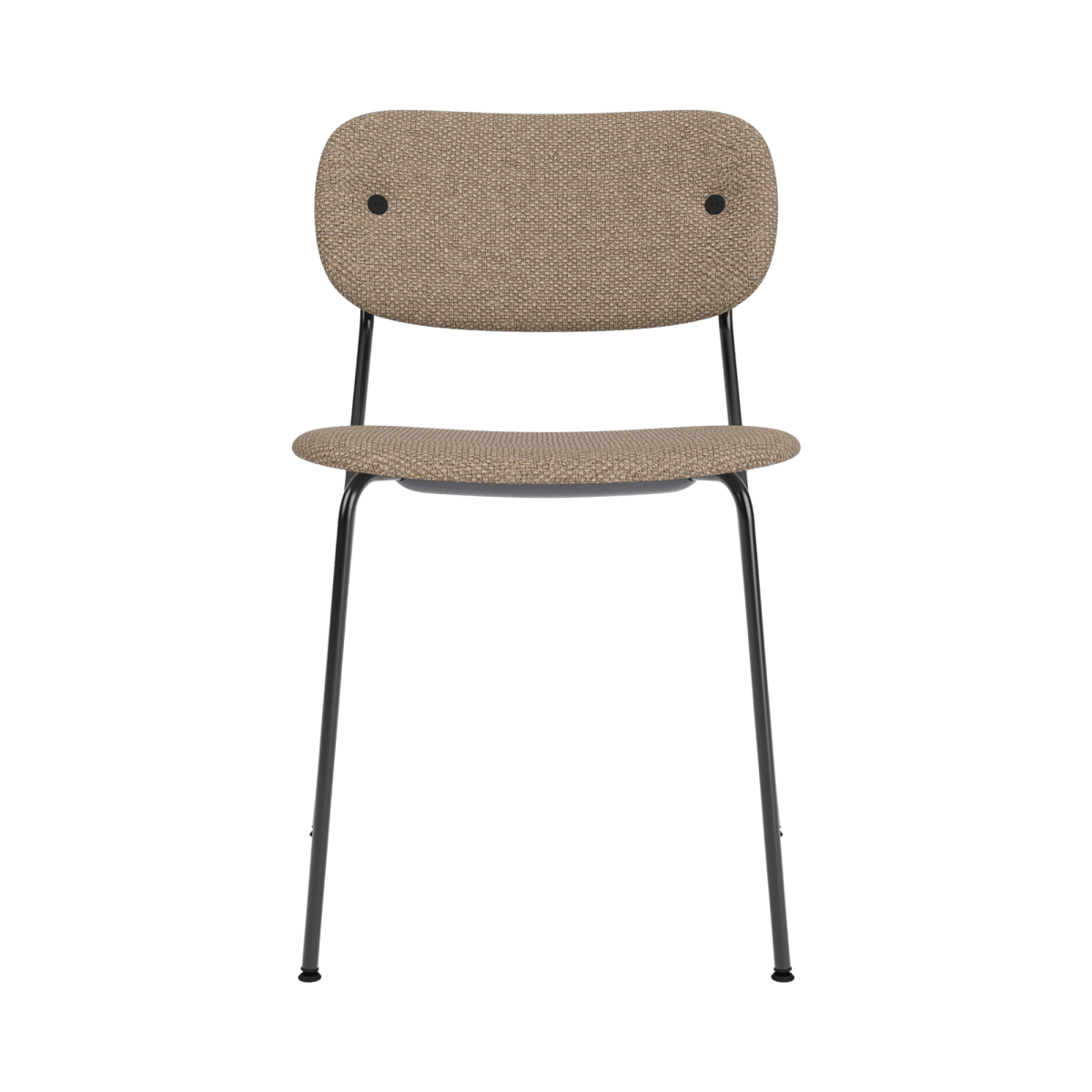 Front view of the Co Dining Chair without arms, fully upholstered in Logan Flint fabric with a black steel frame.